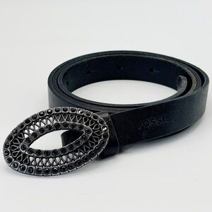 Fossil Black Leather Belt w Black Rhinestone Embellished Buckle Women's Size Med
